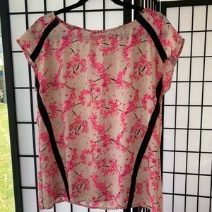 Neon floral pink and black stripe blouse